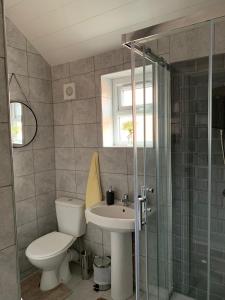 uma casa de banho com um WC, um lavatório e um chuveiro em House of cosy dots em Northampton