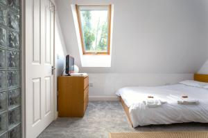 een slaapkamer met een bed, een televisie en een raam bij The Annexe in Cheltenham