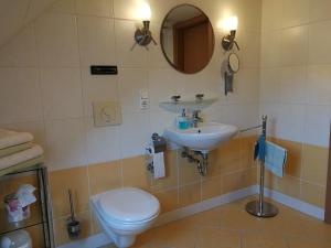 y baño con lavabo, aseo y espejo. en Ferienwohnung Brandmuehle, en Bad Schlema