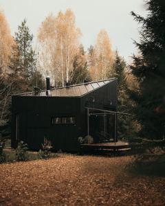 a black building in the middle of a forest at Briežu Stacija Off Grid Cabin in Līgatne