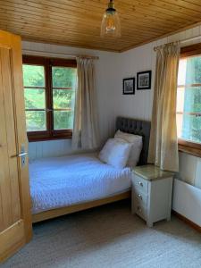 ein Schlafzimmer mit einem Bett und zwei Fenstern in der Unterkunft Chalet Chouc'le in Vercorin