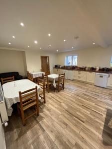a large kitchen with two tables and chairs and a counter at Old Irish farmhouse in Dingle
