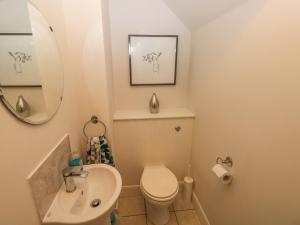 a small bathroom with a toilet and a sink at Crown Cottage in Tenby +23 photos