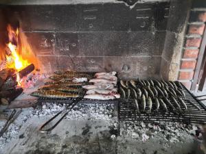 a grill with a bunch of meats and a fire at Apartments Lucija in Ražanj