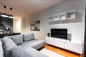 uma sala de estar com um sofá e uma televisão de ecrã plano em Authentic apartment next to Schwedenplatz em Viena