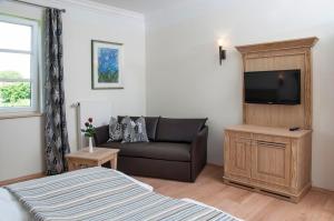 ein Wohnzimmer mit einem Sofa und einem Flachbild-TV in der Unterkunft Hotel Zum Schlössle in Finningen