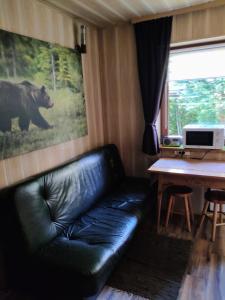 sala de estar con sofá de cuero negro y mesa en Marynka, en Zakopane