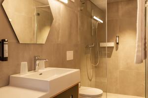 a bathroom with a sink and a shower at The Lab Capsule in Thun