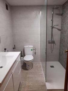 ein Bad mit einem WC und einer Glasdusche in der Unterkunft Torresmar home in Segorbe