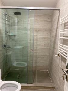 a bathroom with a glass shower with a toilet at Hotel 12 Tve in Mtskheta