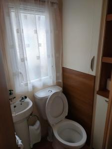 uma pequena casa de banho com WC e lavatório em Cairnryan Heights t-a Brae Holiday Homes em Cairnryan