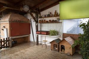 a living room with a fireplace and a dog house at OPG Vuk Sobe bed&breakfast "Čarobni snovi" in Darda