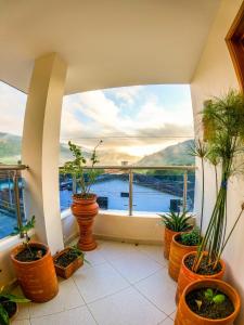 a balcony with potted plants and a view of the water at Hotel el Paraíso del Valle in Valle de San José