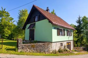 Zalesina的住宿－FoRest Chalet，一间绿色和白色的小房子,拥有棕色的屋顶