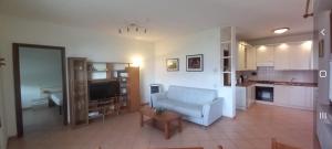 uma sala de estar com uma cadeira azul e uma cozinha em casa camelie em Pino Lago Maggiore