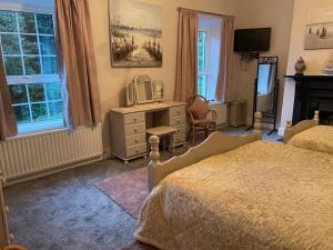 1 dormitorio con 1 cama y escritorio con TV en Admiralty House, en Moville
