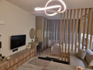 salon z kanapą i telewizorem w obiekcie Iris City Center Premium Studio w Salonikach