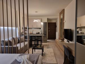 sypialnia z kanapą i stołem w pokoju w obiekcie Iris City Center Premium Studio w Salonikach