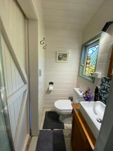 a bathroom with a toilet and a sink and a window at Shepherd's Cottage in Evandale