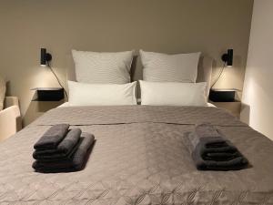 - une chambre avec un lit et 2 serviettes dans l'établissement Port 3 - Exklusives City Apartment, à Bremerhaven