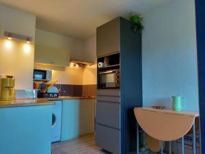 a kitchen with a blue refrigerator and a counter at studio à l'océan au dessus des pins (plage & commerces à pied) in Seignosse