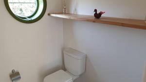 a bathroom with a toilet and a wooden shelf at Casa Container Chacra 202 in Tandil