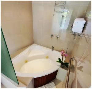 a bath tub in a bathroom with a shower at Dreams Lodge in Monteverde Costa Rica