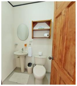 a bathroom with a toilet and a sink and a mirror at Dreams Lodge in Monteverde Costa Rica