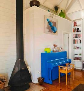 a living room with a blue fireplace and a stove at Exquisite chalet on private nature reserve in Wolseley