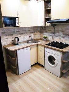 a kitchen with a sink and a washing machine at Comfortable modern apartment in Lviv
