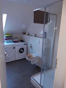 a bathroom with a toilet and a washing machine at Helgas Ferienwohnung 4 Sterne in Südbrookmerland