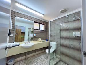 a bathroom with a sink and a toilet and a mirror at Albury Garden Court Motel in Albury