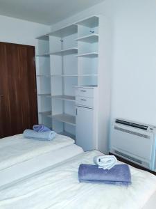 um quarto com 2 camas e um armário com prateleiras em Beach Home em Keszthely