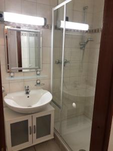 a bathroom with a sink and a glass shower at Vier Jahreszeiten 3-6 in Großenbrode