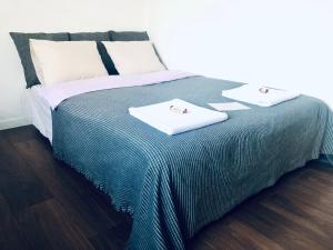 ヴロツワフにあるBlue River - ul Ciepla - near PKP and aquaparkのベッド1台(タオル2枚付)