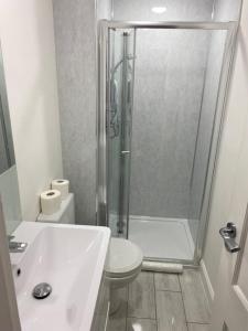 La salle de bains est pourvue d'une douche, de toilettes et d'un lavabo. dans l'établissement Self-contained luxurious feel apartment, à Dunfermline