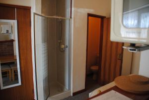 a bathroom with a shower with a glass door at Ottery Tor in Stokeinteignhead