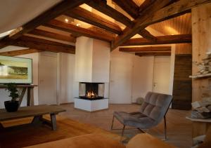 ein Wohnzimmer mit einem Kamin und einem Stuhl in der Unterkunft Moderne Altbauwohnung mit Pool und Sauna in Bern
