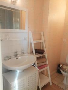 a bathroom with a sink and a shelf with towels at Maison d'hôtes Les Vallées in Saint-Quentin-sur-le-Homme