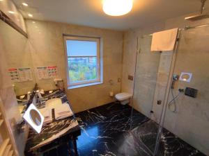 a bathroom with a sink and a shower and a toilet at Hotel Zamek Centrum in Szczecin