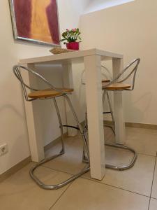 a table with two chairs and a plant on it at Ferienwohnungen im Osteiner Hof in Mainz