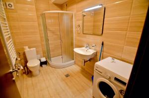 a bathroom with a shower and a sink and a toilet at Summerland Happy Blue Apartments in Mamaia +49 photos