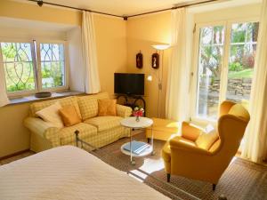 ein Wohnzimmer mit einem Sofa und einem Stuhl in der Unterkunft Ascona: Casa Rivabella in Ascona
