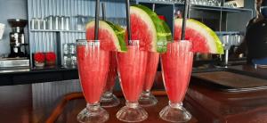 a row of four glasses with watermelon slices in them at Agia Roumeli Hotel in Agia Roumeli
