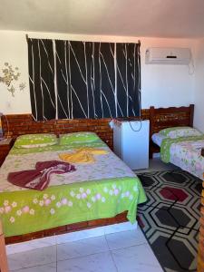 a bedroom with two beds and a wall at Pousada Casa da Lu in Aracati