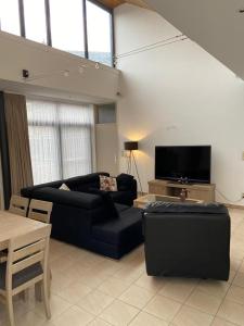 a living room with a couch and a tv at Apartment de Kerk in Sint-Gillis-Waas