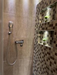 a shower with a shower head in a bathroom at BW Luxury Apartment Bijeljina in Bijeljina