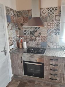 a kitchen with a stove and some tiles on the wall at Apartamentos Hiberus Flumen in Fayón