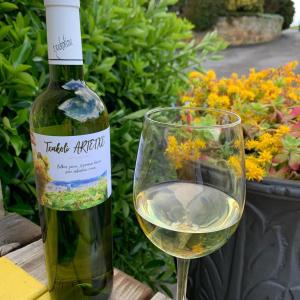a bottle of white wine next to a glass at Hotel Artetxe in Bilbao