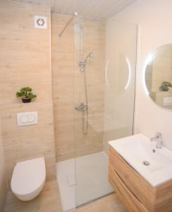 a bathroom with a shower and a toilet and a sink at Design Apartment near Gorica Park in Podgorica